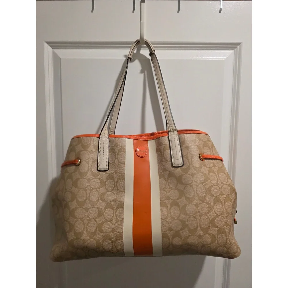 Coach‎ Heritage Stripe Drawstring Tote Bag Khaki Orange Signature Canvas F18923